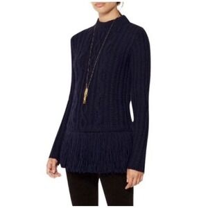 Tory Burch Valero Cable Knit Fringe Sweater Navy Wool Blend Size S Petite Luxury